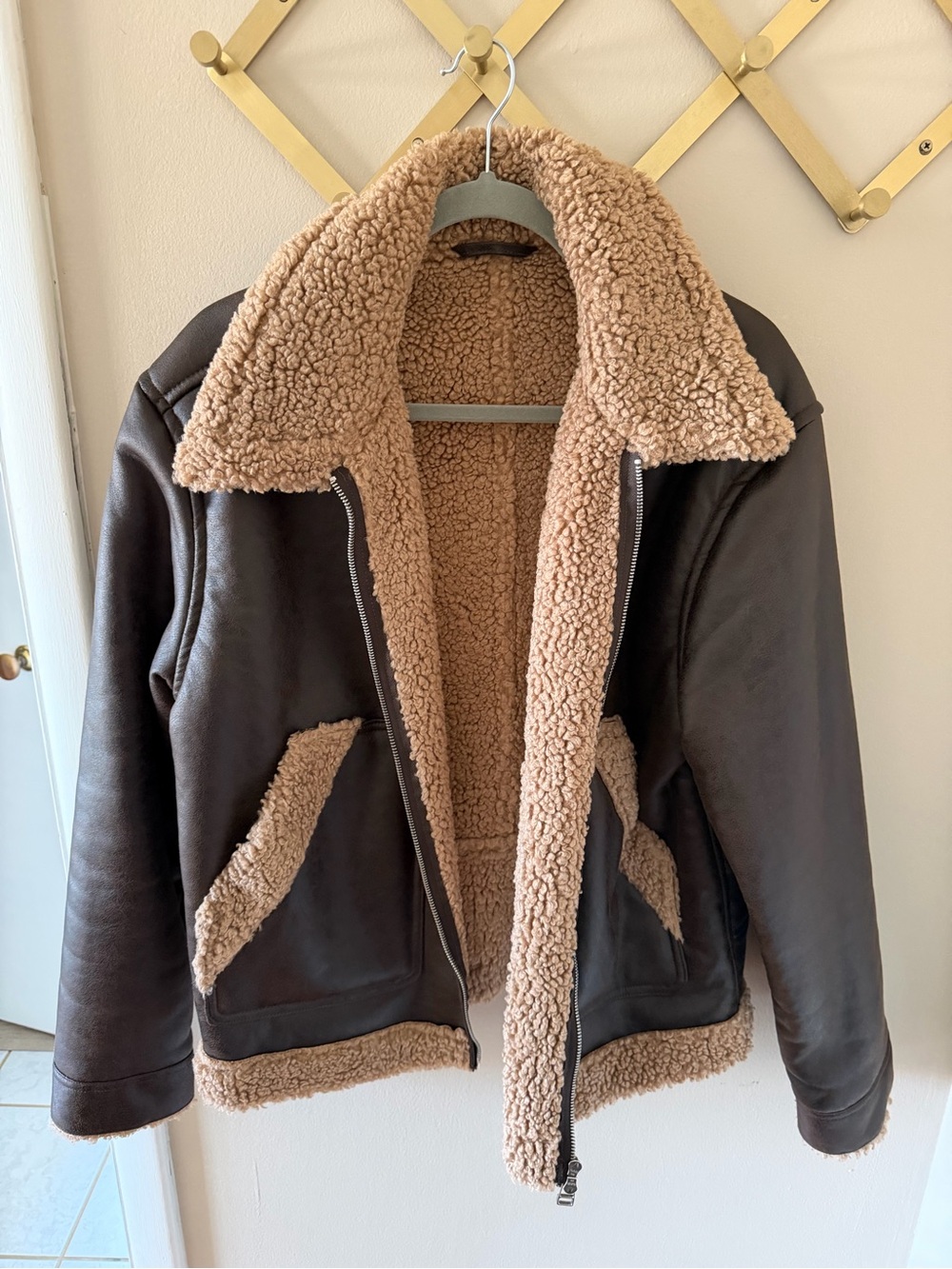 H&M Dark Brown Bomber Jacket with Tan Sherpa Lining